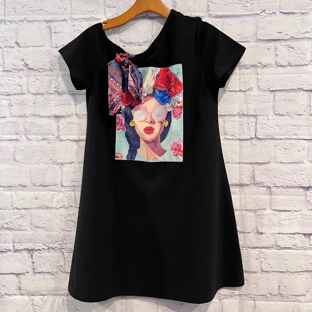 SHEIN Tie Floral Graphic Short Sleeve Shoulder Tee Dress Size S‎